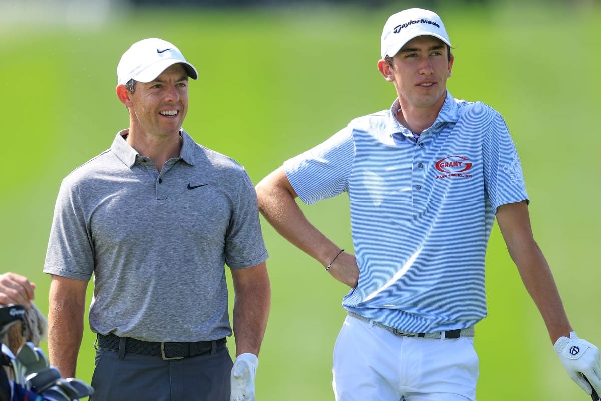 Rory McIlroy and Tom McKibbin during the practice round at this year's Dubai Desert Classic (Photo by David Cannon/Getty Images)