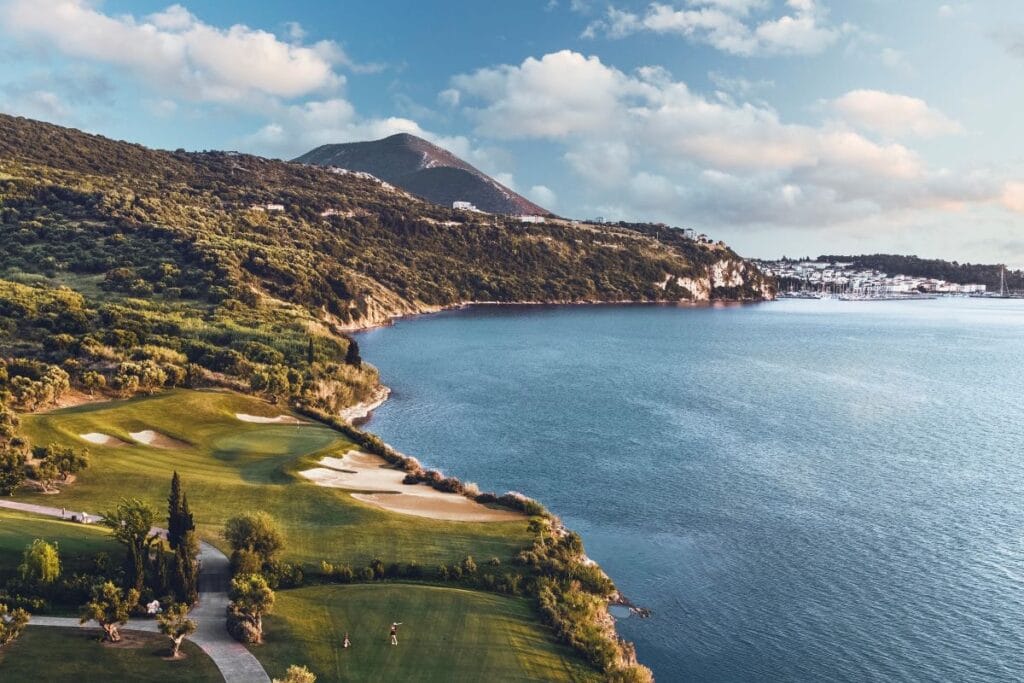 The picturesque 2nd hole on Costa Navarino's Bay Course